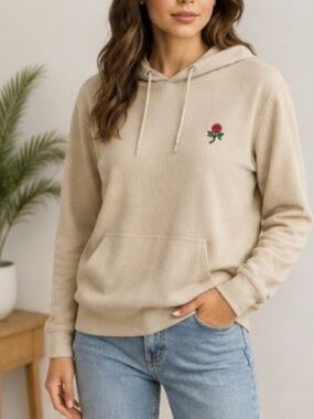 Eighty Eight Brand Rose Embroidered Waffle Knit Hoodie Small Beige